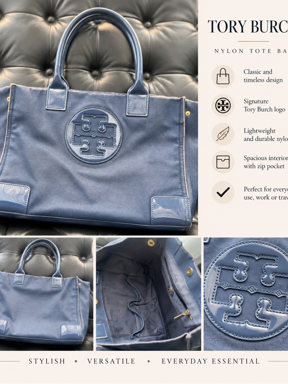 Tory Burch Blue Nylon Tote with Logo Medallion
